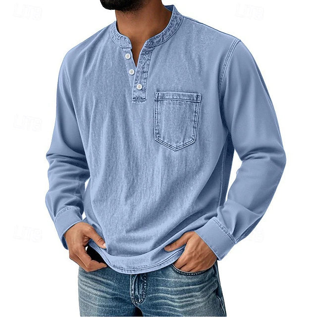 Men’s Acid Wash Cotton Tank – long-Sleeve Henley with Pocket & Buttons