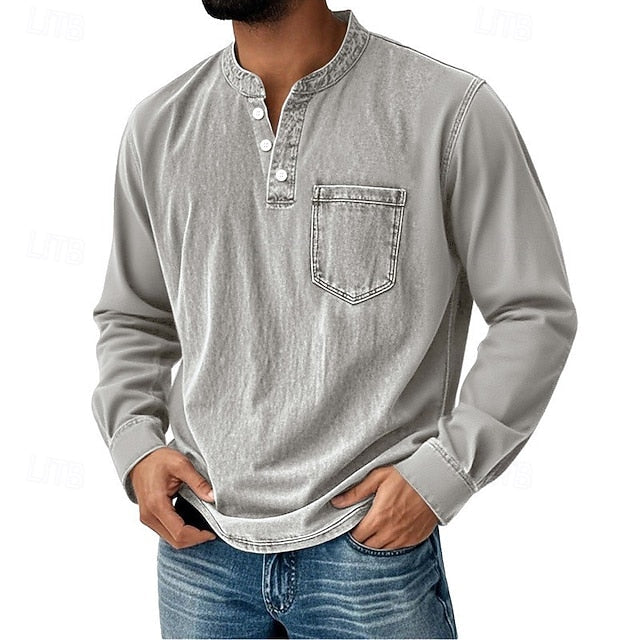 Men’s Acid Wash Cotton Tank – long-Sleeve Henley with Pocket & Buttons