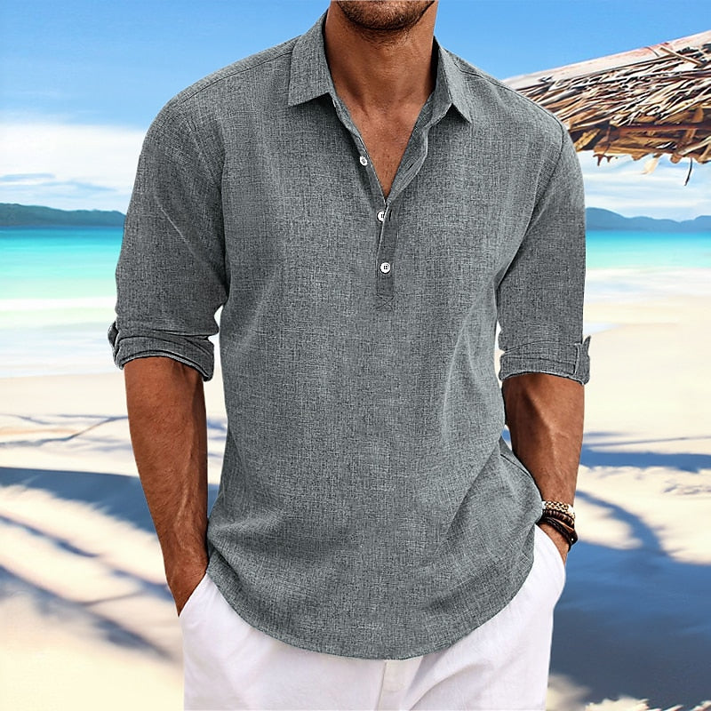 Men's Shirt Linen Shirt Summer Shirt Beach Wear Plain Vacation Casual Black White Blue Green Long Sleeve Lapel Spring & Summer Clothing Apparel