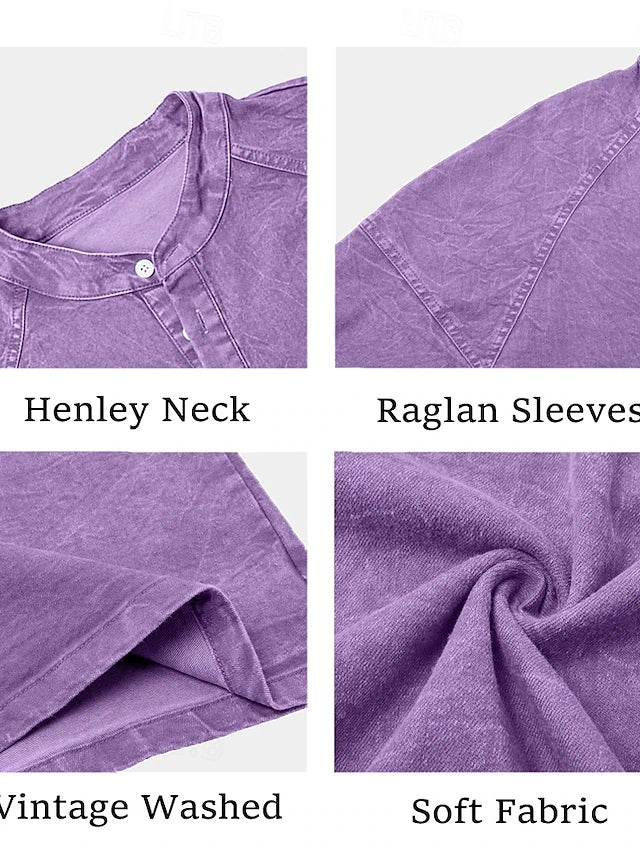 Men's 100% Cotton Acid Wash Long Sleeve Henley Shirt – Vintage Raglan Sleeve Stand Collar Casual Streetwear Top for Spring Fall Winter