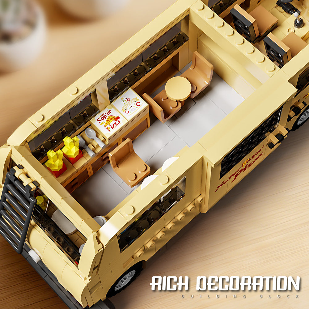 Mesiondy Retro Pizza Delivery Van Building Kit – 634 PCS Premium Brick System | 80s Food Truck Model | Removable Rooftop Sign & Interior Kitchen Detail