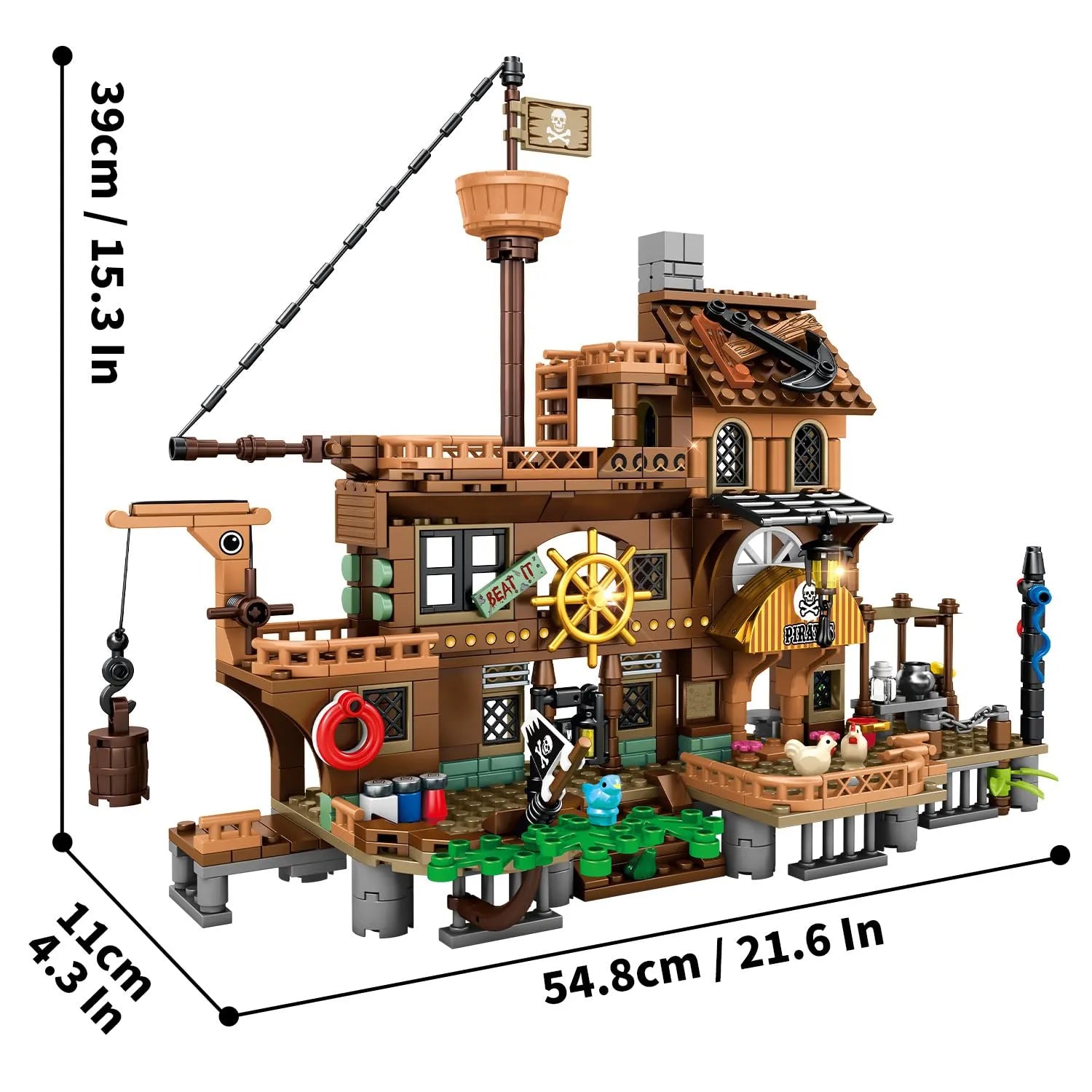 Mesiondy Pirate Island Pier Building Set 🏴‍☠️ – 573 PCS, 21.6" Long Pirate Dock & Boat Toy 🚢, Compatible with Major Brick Brands 🧩
