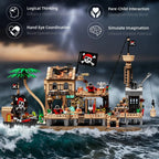 Mesiondy Pirate Island Outpost Building Set 🏴‍☠️ – 943 PCS, 13.8" Wide Pirate Hideout with Boat & Palm Tree 🌴, Compatible with Major Brick Brands 🧩