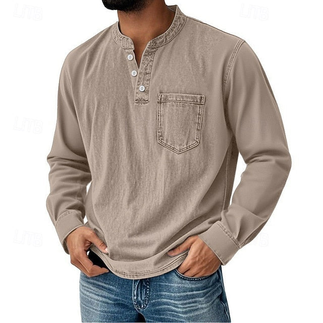 Men’s Acid Wash Cotton Tank – long-Sleeve Henley with Pocket & Buttons